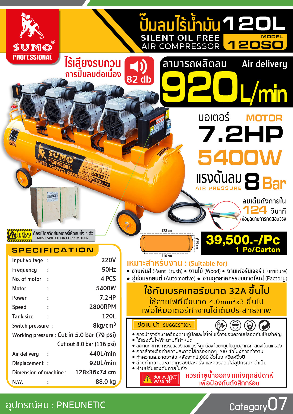 ปั๊มลมไร้น้ำมัน 120ลิตร รุ่น 120SO