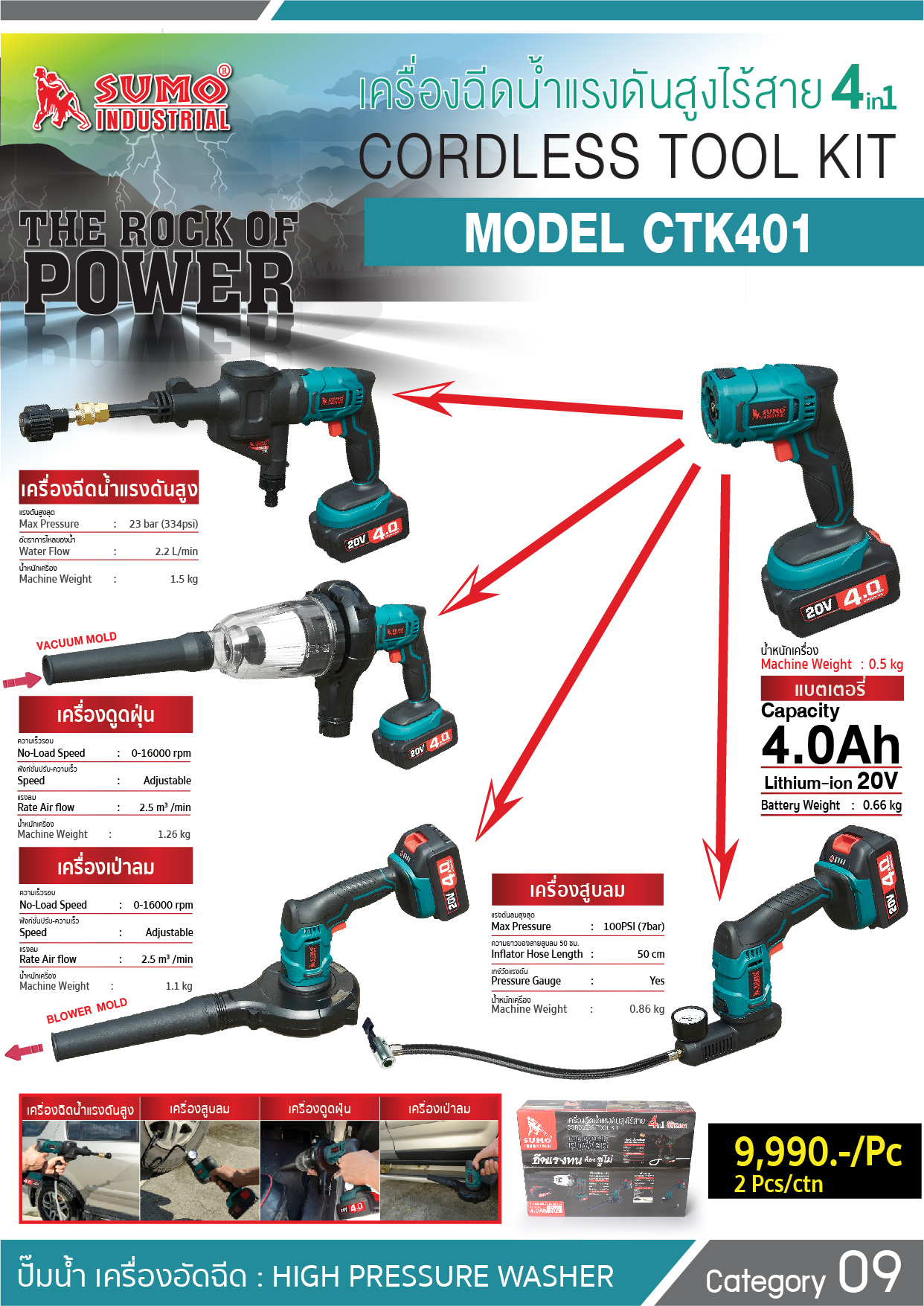 เครื่องฉีดน้ำแรงดันสูงไร้สาย รุ่น CTK401