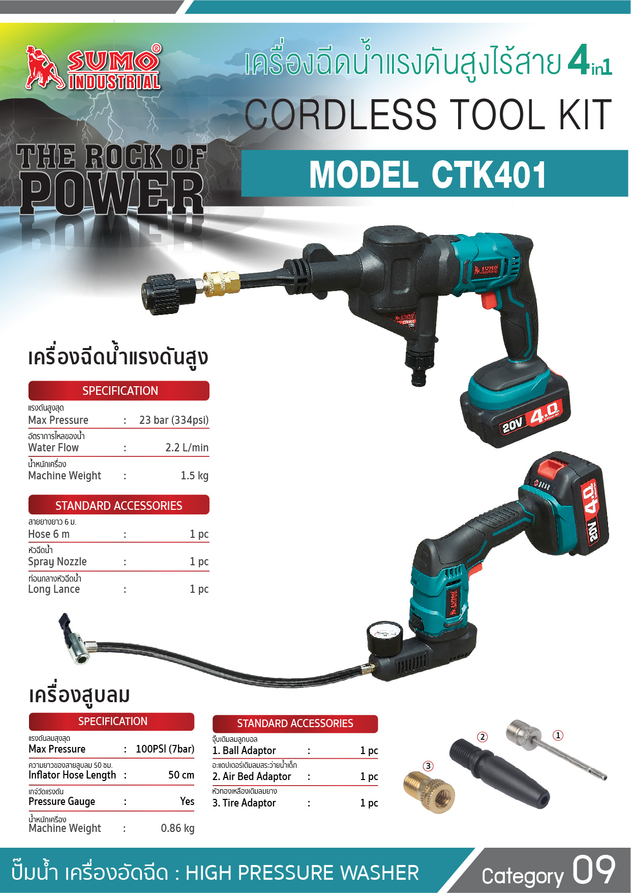 เครื่องฉีดน้ำแรงดันสูงไร้สาย รุ่น CTK401