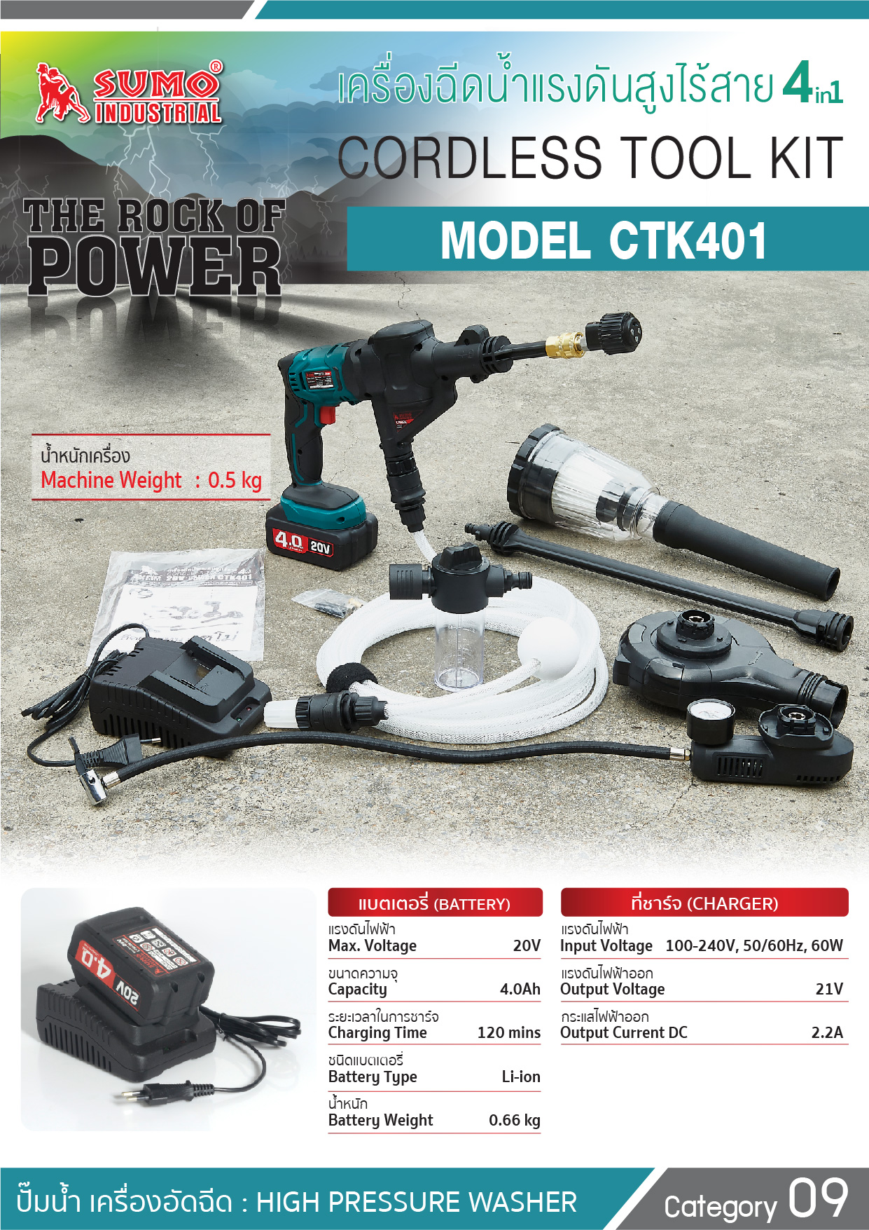 เครื่องฉีดน้ำแรงดันสูงไร้สาย รุ่น CTK401