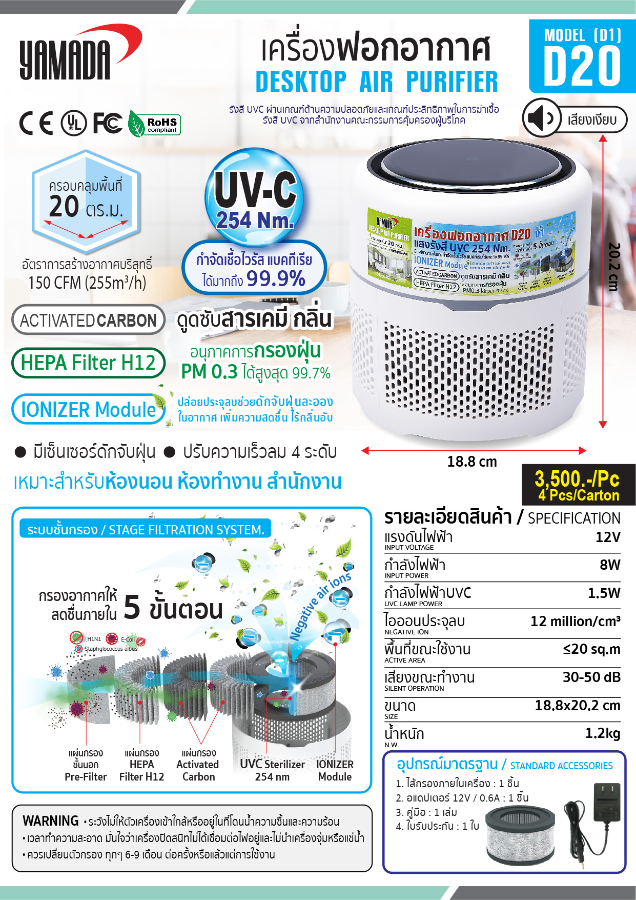 เครื่องฟอกอากาศฆ่าเชื้อขนาดตั้งโต๊ะ รุ่น D150